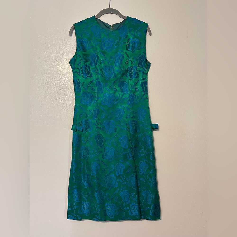 Vintage 1960s Brocade Green Cocktail Shift Dress Green Blue Size Large